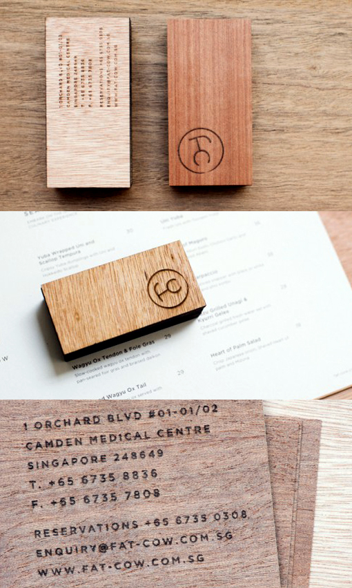 Stylish Laser Etched Wooden Business Card Design For A Restaurant