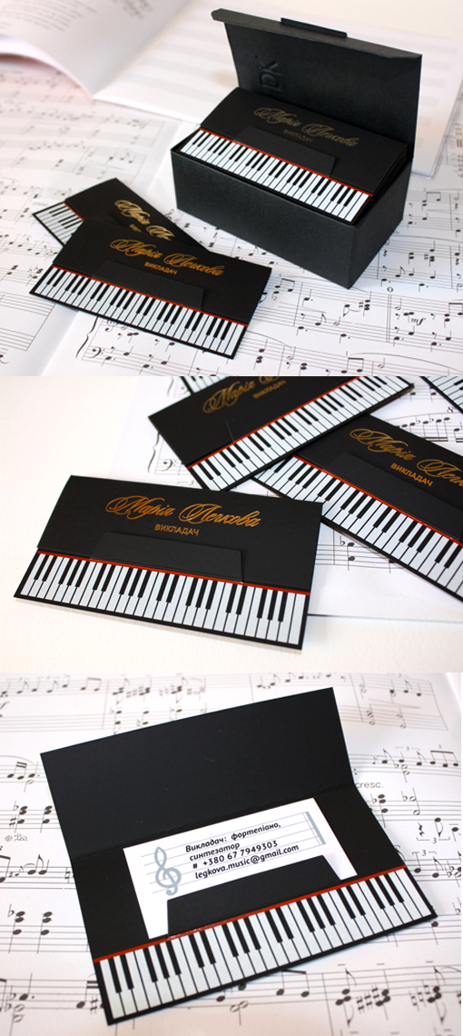 Clever Die Cut Black Business Card Design For A Piano Teacher