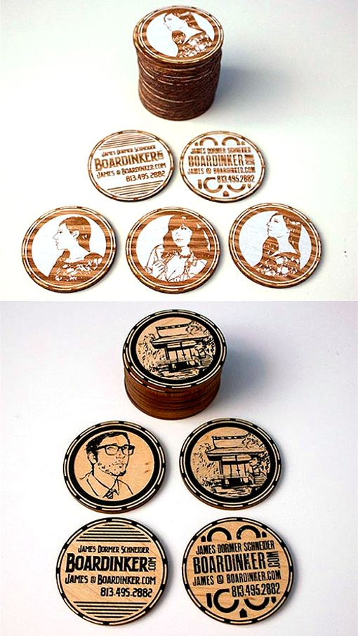 Laser Etched Illustration Style Circular Wooden Business Cards