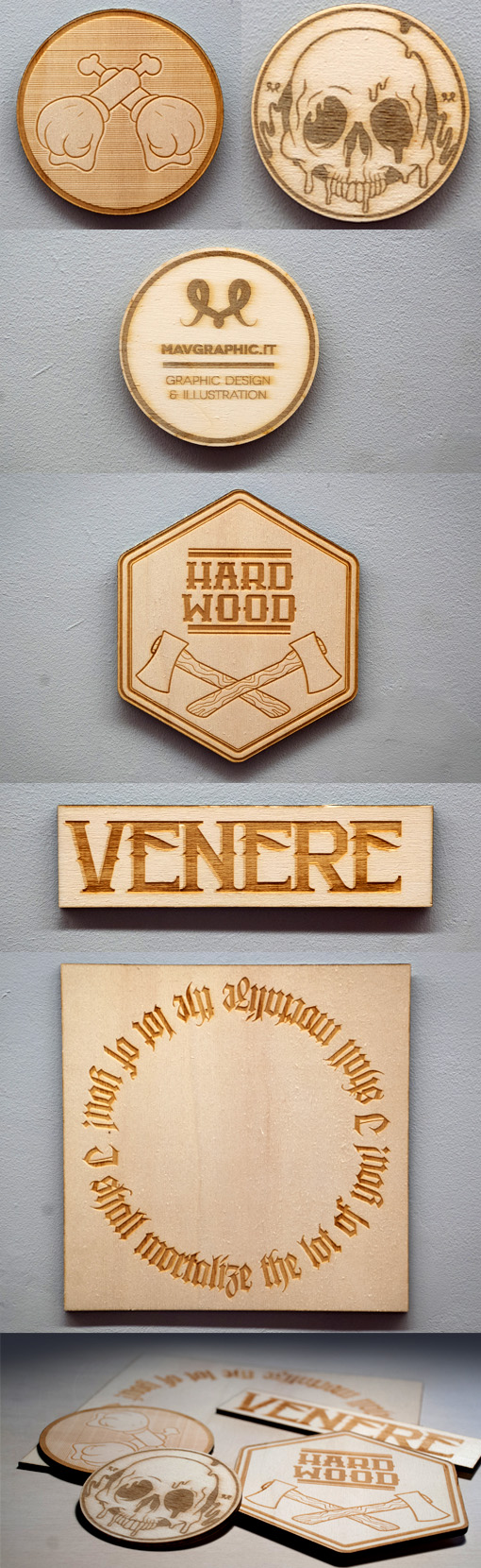 A Variety Of Experimental Laser Cut Wooden Business Cards For A Graphic Designer
