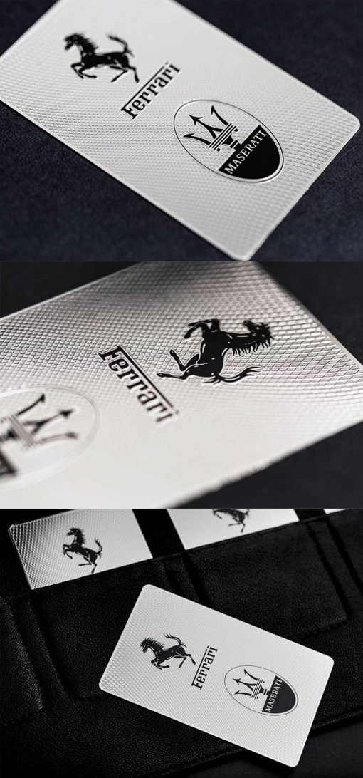 Stylish Laser Etched Embossed And Screen Printed Metal Business Card For Ferrari