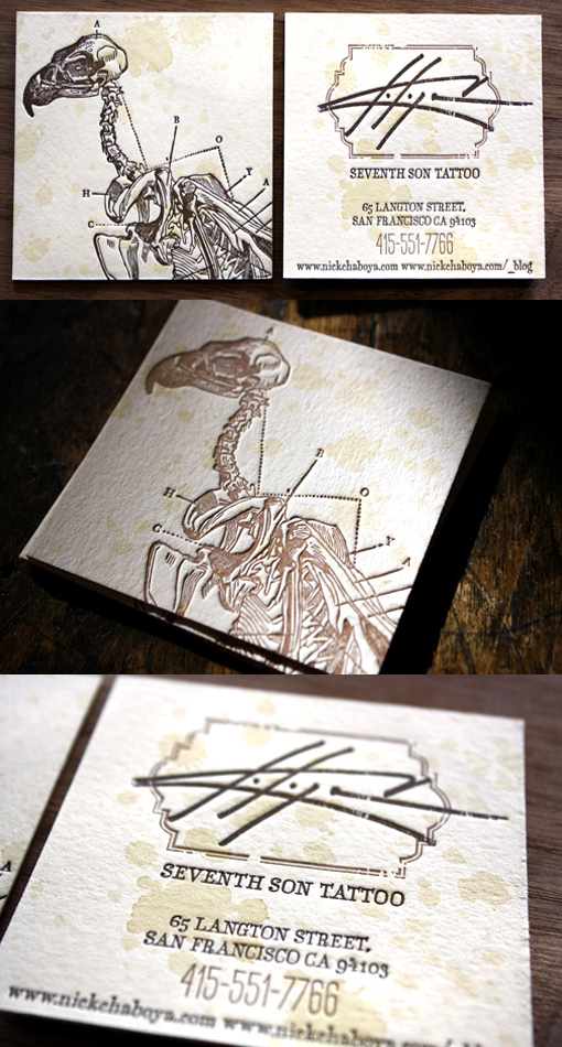 Vintage Illustration On A Letterpress Business Card For A Tattoo Artist