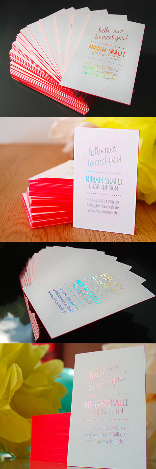 Bright And Cheerful Edge Painted Iridescent Foil Business Card Design