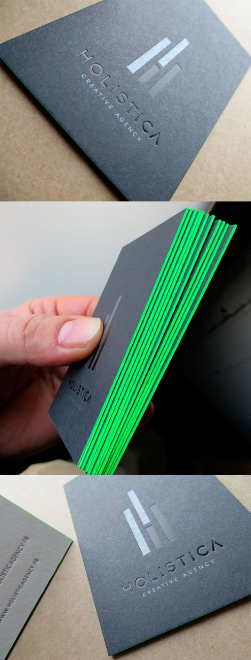 Sleek Neon Green Edge Painted Black Letterpress Business Card