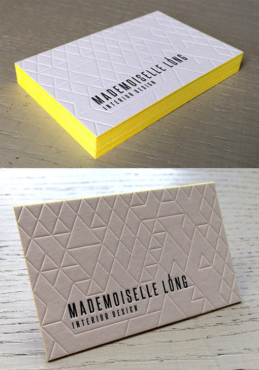 Deeply Embossed Geometric Line Texture On An Edge Painted Letterpress Business Card