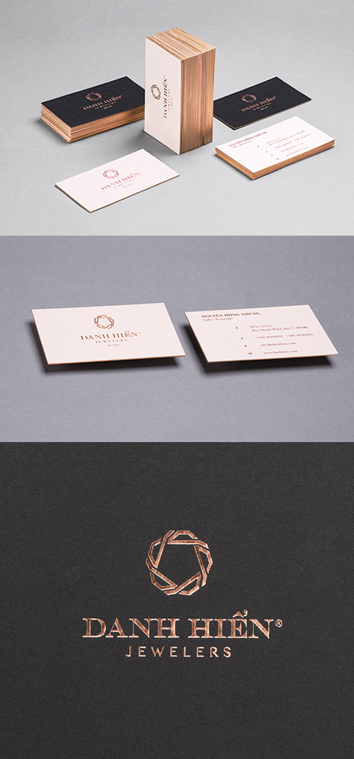 Sophisticated Luxury Copper Foil Stamped And Edge Painted Business Cards For A Jeweller