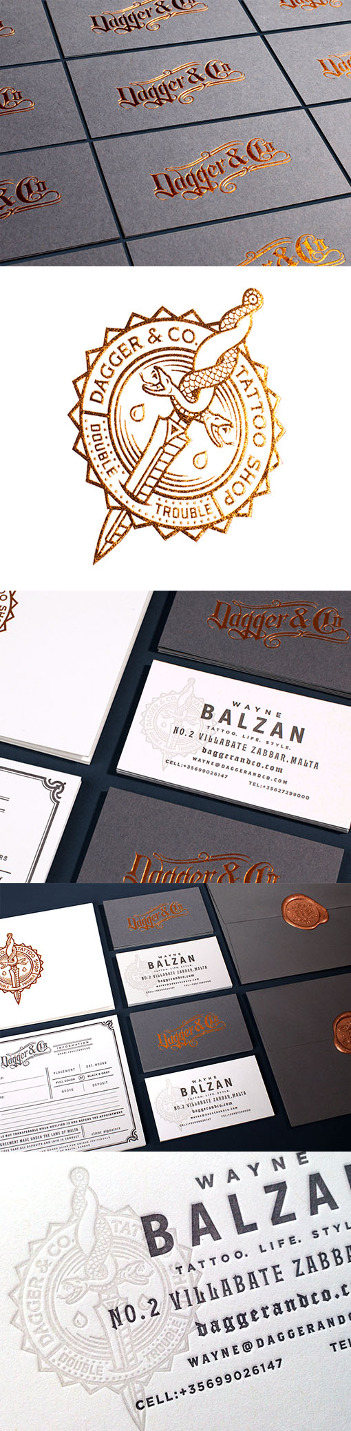 Modern Foil Stamped Business Card With Vintage Styling For A Tattoo Artist