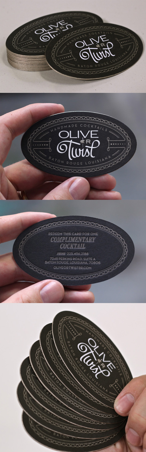 Black And Gold Edge Painted Oval Die Cut Letterpress Business Card For A Cocktail Bar