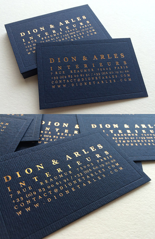 Refined And Elegant Minimalist Copper Foil On Navy Blue Business Card For An Interior Designer