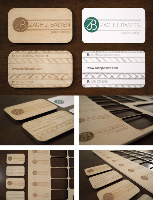 Business Cards For A Graphic Designer Printed On Paper And Laser Cut On Wood