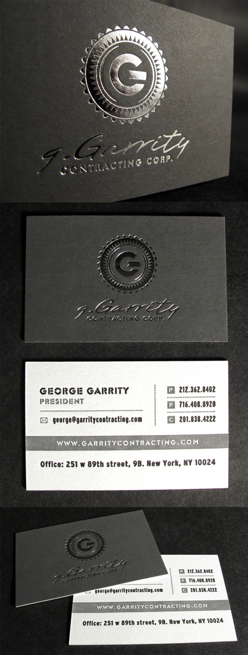 Distinctive Silver Foil On Black Letterpress Business Card Design