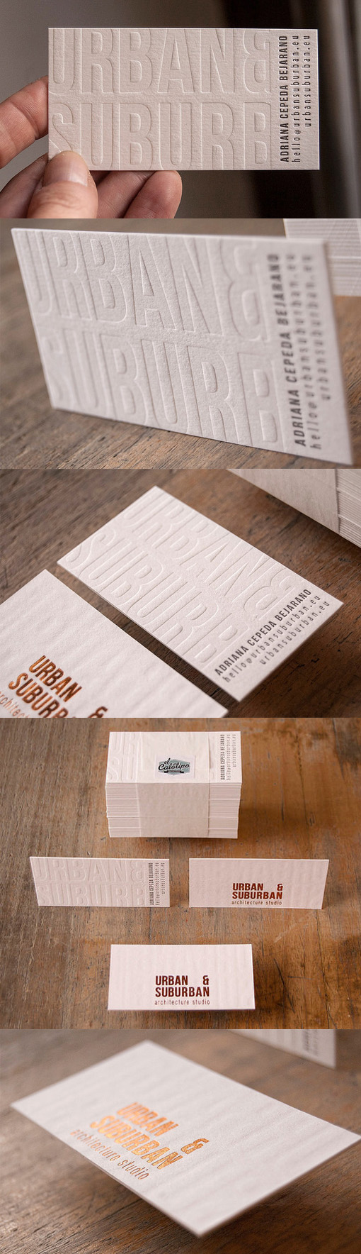 Deeply Embossed White Textured Letterpress Copper Foiled Business Card For An Architect