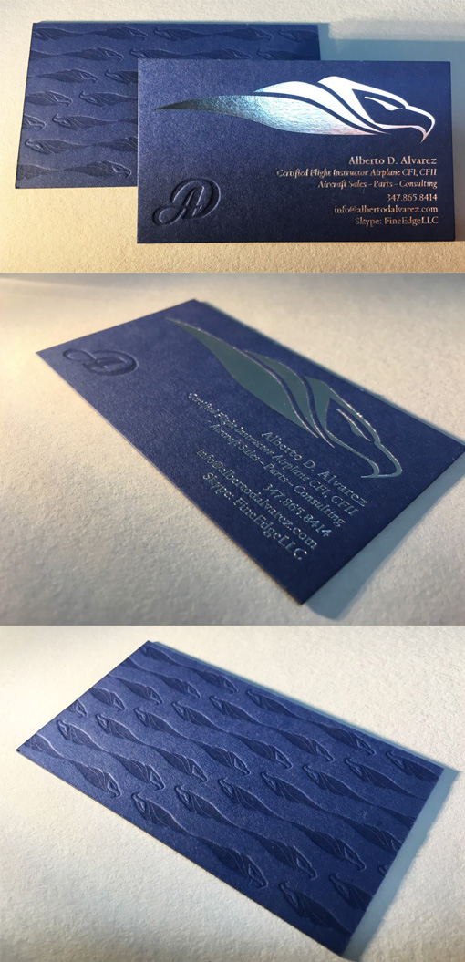 Elegant Navy Blue And Silver Foil Textured Business Card For A Flying Instructor