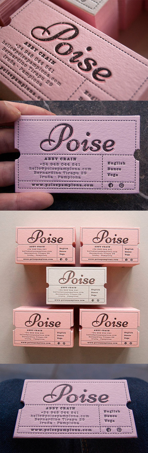 Custom Die Cut Vintage Ticket Style Letterpress Business Card For A Yoga Instructor