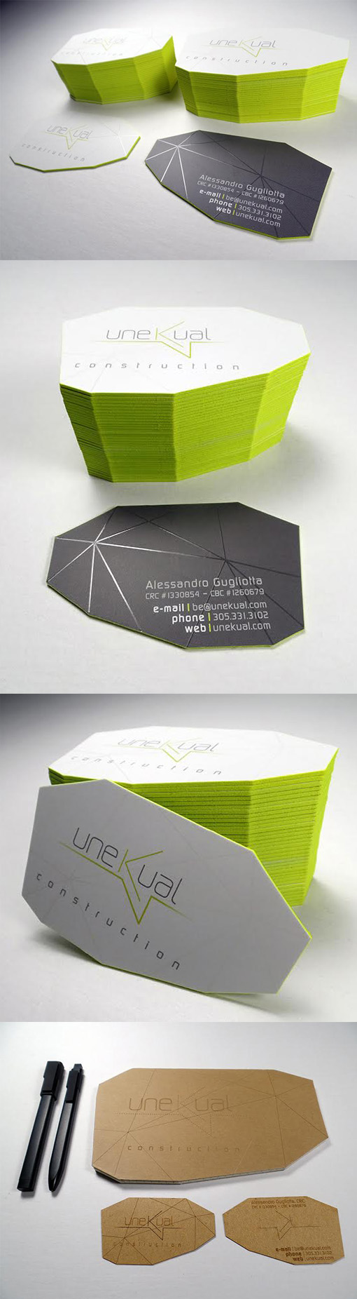 Unusual Faceted Die Cut Business Card With Lime Green Edge Painting