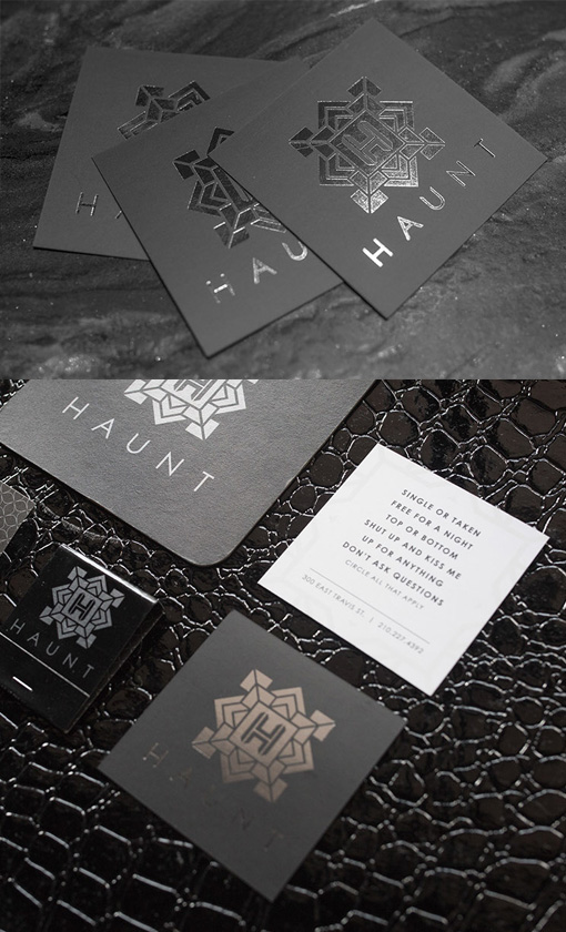 Sharp Styling On A Black And Silver Foil Square Business Card For A Club Lounge